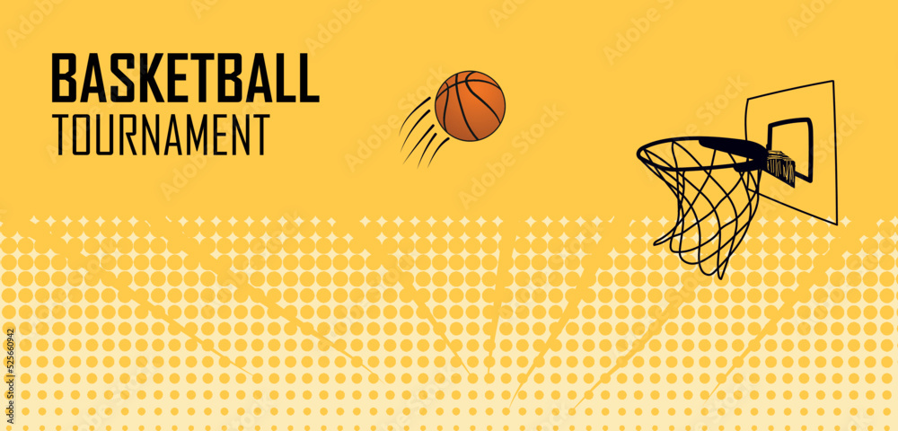 Basketball poster design with halftone grunge and basketball hoop on yellow background
