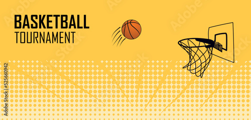 Basketball poster design with halftone grunge and basketball hoop on yellow background