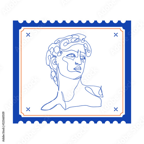 Greek ancient David stamp. Postage frame sticker greece mythology line art, vintage statue sketch. Vector illustration