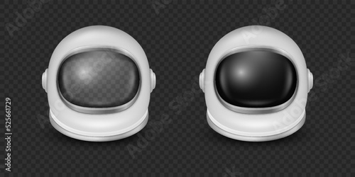 Vector 3d Realistic Astronaut Helmets, Cosmonaut Mask with Transparent Glass Visor for Space Exploration, Icon Set Isolated. White Suit Part for Spaceman Head Protection. Space Helmet Design Template