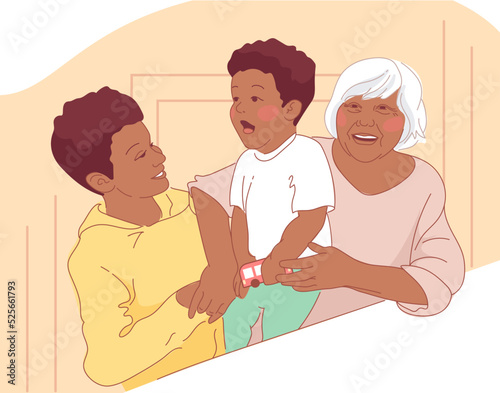 Grandmother and grandchildren hug and laugh. African American Loving family, generational relationships. Grandparents Day. Siblings, children of all ages. For posters, postcards, flyers, books.