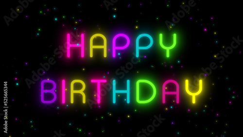 neon lights happy birthday text on dark background , colorful random text birthday party design element