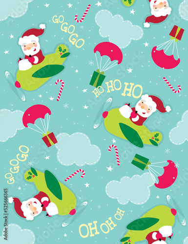 Santa is flying an airplane and dropping off presents from the clouds. A super fun Christmas vector pattern.