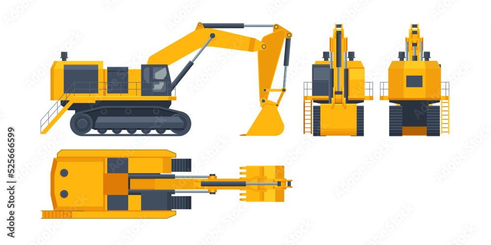 The world's biggest hydraulic mining excavator. View front, rear, side and top. Mining quarry, mine. Equipment for high-mining industry. The world's biggest hydraulic mining excavator. View front, rear, side and top. Mining quarry, mine. Equipment for high-mining industry.