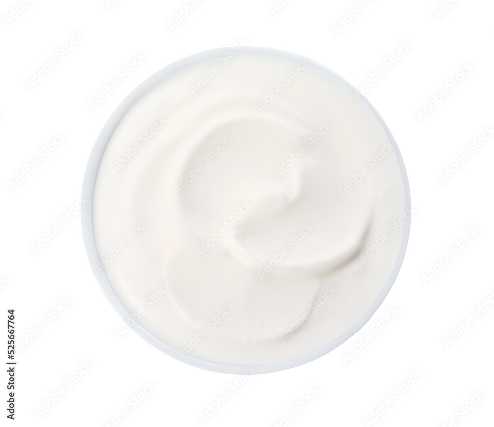 Bowl with delicious organic yogurt isolated on white, top view Bowl with delicious organic yogurt isolated on white, top view