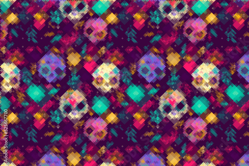 Fractal floating skulls in a digital geometric background for day of the dead or Halloween