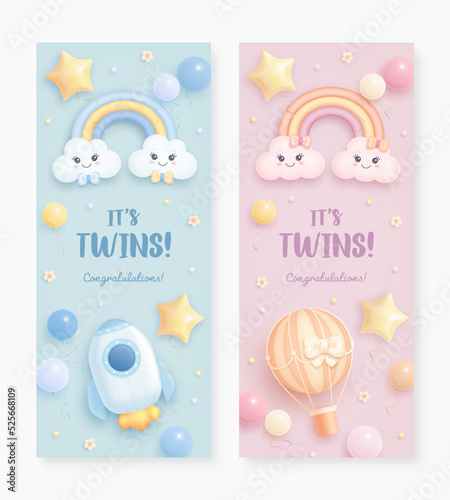 Baby shower vertical invitation with cartoon rainbow, clouds, hot air balloon, rocket, balloons and flowers on pink and blue background. It's twins. Vector illustration