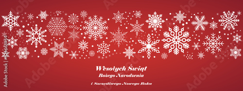 Frohe Weihnachten und Frohes Neues Jahr Vektor Grüße in polnischer Sprache. Roter Hintergrund
Wesolych Swiat Bozego Narodzenia ist Merry Christmas. Szczesliwego Nowego Roku ist Happy New Year.