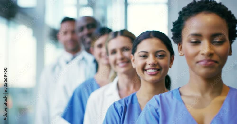 Workforce ready for medical service with trust in line standing at hospital, collaboration at clinic and working in medicine as team. Portrait of healthcare workers showing success and trust