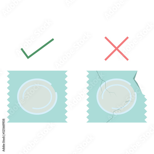 Condom and package isolated on white background. Correct and incorrect use of condoms. Vector illustration