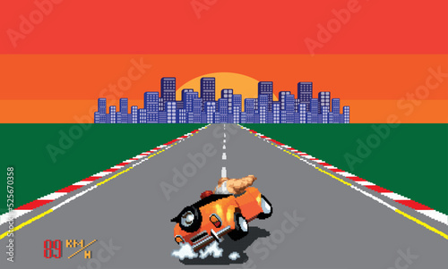 Pixelated retro arcade racing car formula. pixel sun city background