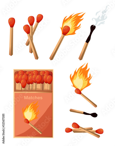 Collection of matches. Burning match with fire, opened matchbox, burnt matchstick. Flat design style. Vector illustration isolated
