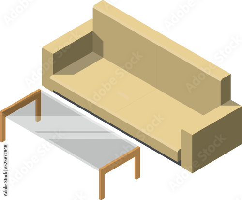 Couch and coffee table isometric icon. Comfortable space