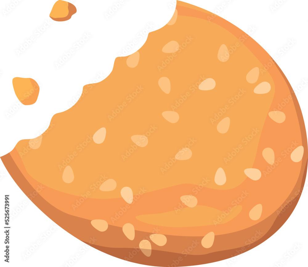Sesame cookie with bite mark. Broken cartooon cracker Sesame cookie with bite mark. Broken cartooon cracker