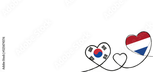Drei verbundene Herzen mit der Flagge der Niederlande und Südkorea