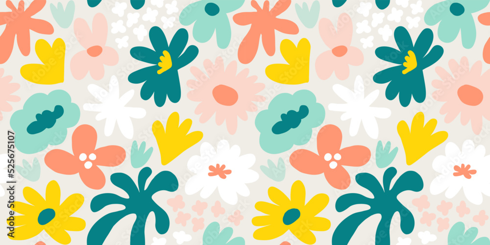 Abstract seamless pattern with cute hand drawn meadow flowers. Fashion stylish natural background.