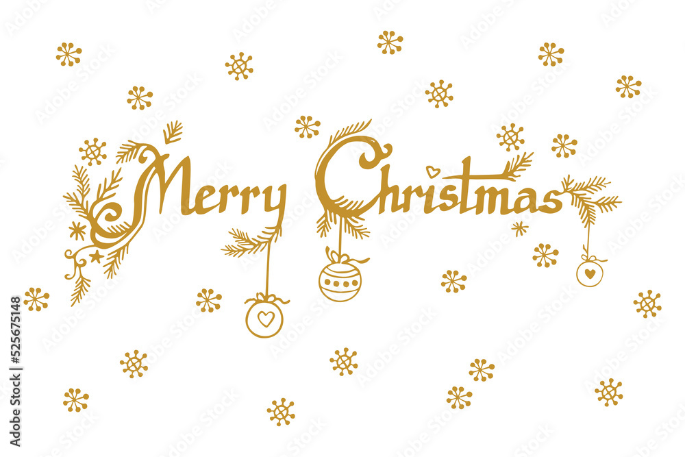 Card with Phrase of Merry Christmas and snowflakes. Sketch writing by hand. Typography greeting inscription vector illustration.