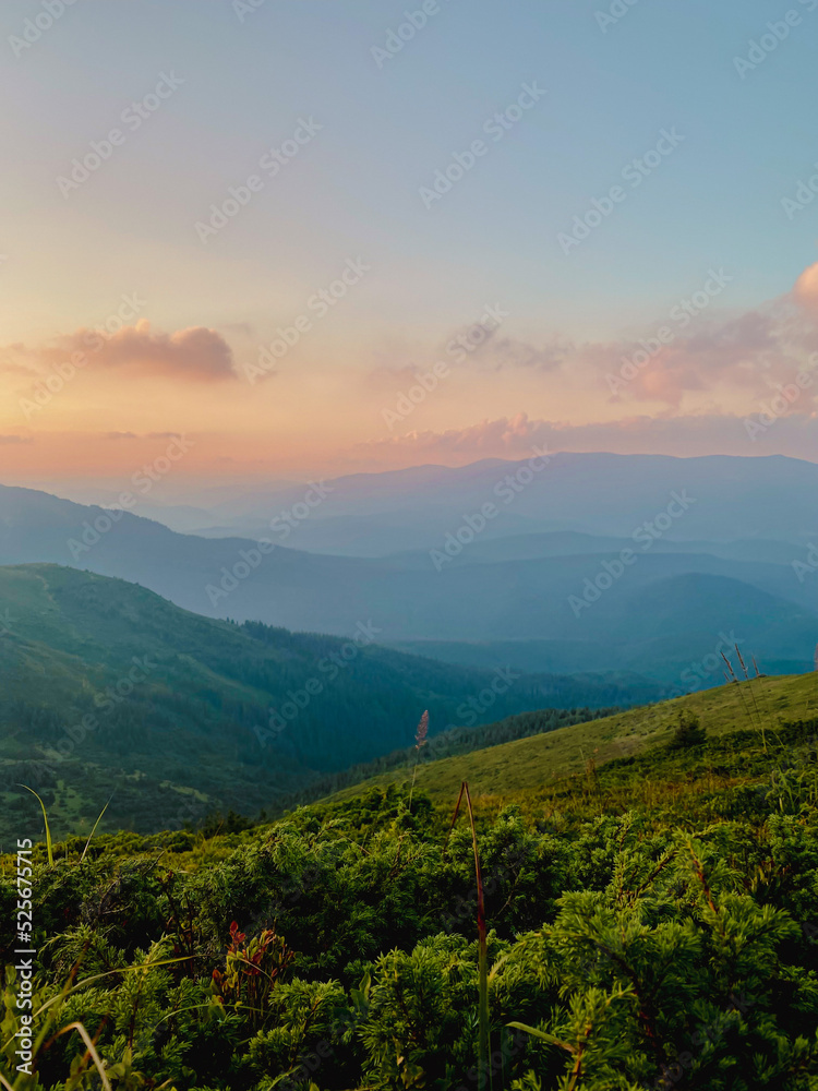 Fototapeta premium mountain landscape sunset in the mountains, view wallpaper carpathians tourism hiking in the mountains, tourism travel