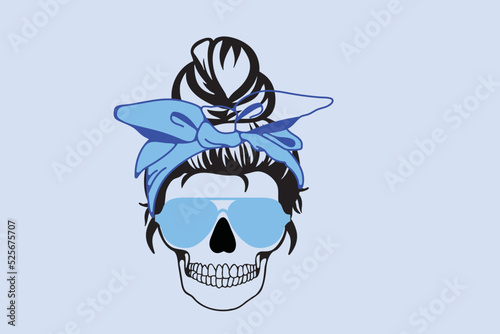 Female skull wearing a blue bandanna and sunglasses.