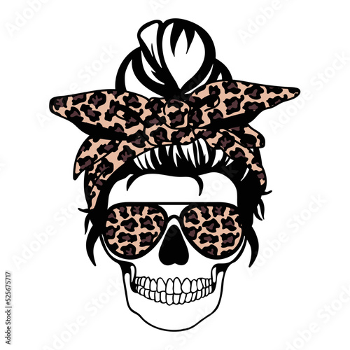 Female skull wearing a bandanna and sunglasses with a leopard pattern isolated on white background.