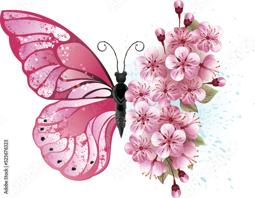 Pink butterfly with pink flowers isolated on white background. photo