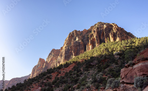 Fototapeta Naklejka Na Ścianę i Meble -  American Mountain Landscape. Sunny Morning Sky. Zion National Park, Utah, United States of America. Nature Background