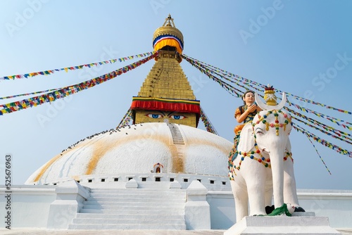 Low angle shot of the historic Boudhanath Stupa Temple in Kathmandu, Nepal