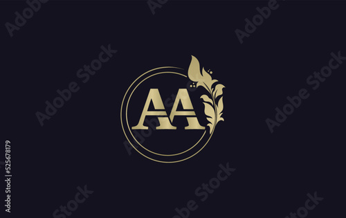 Golden leaf circle and creative logo design vector with the letters for professional brand and business AA