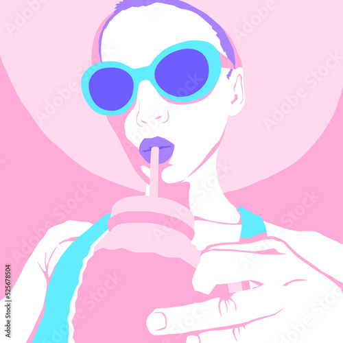 Fashion minimal illustration. Stylish tropical  relax girl. Vacation concept
