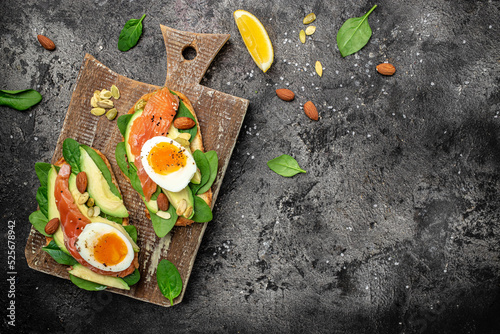 Obraz na plátně Delicious breakfast or snack whole grain bread with avocado paste and salmon