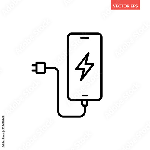 Black single charging smart phone line icon, simple digital electronic flat design pictogram, infographic vector for app logo web website button ui ux interface elements isolated on white background