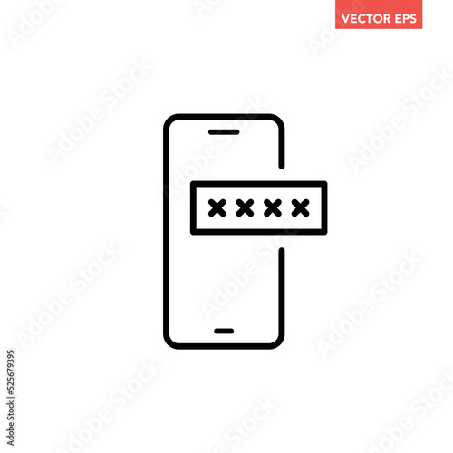 Black single phone with encrypted password line icon, multi factor authentication flat design pictogram, infographic vector for app logo web button ui ux interface element isolated on white background