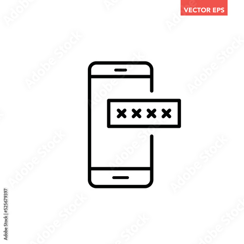 Black single phone with encrypted password line icon, multi factor authentication flat design pictogram, infographic vector for app logo web button ui ux interface element isolated on white background