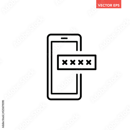 Black single phone with encrypted password line icon, multi factor authentication flat design pictogram, infographic vector for app logo web button ui ux interface element isolated on white background