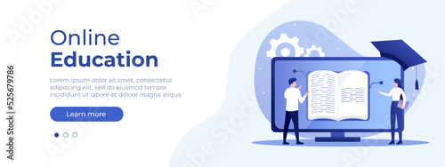 Online education concept. Vector layout for website page. Illustration in flat style with people studying remotely. Students learning online. Vector illustration EPS 10