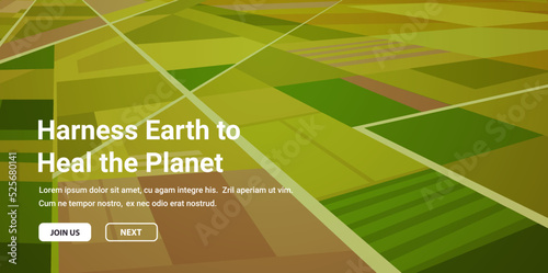 Aerial top view of land with sown green fields in countryside harness earth to save the planet concept