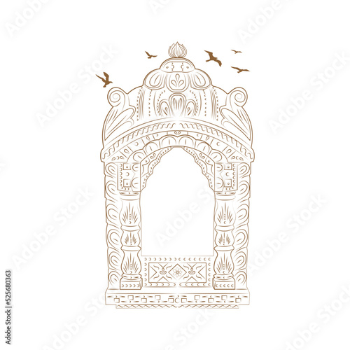 Jharokha vector illustration. Window architecture illustration. Jharokha with Birds illustration. Line art arch illustration. Flying Birds illustration. Rajasthani Jharokha vector. photo