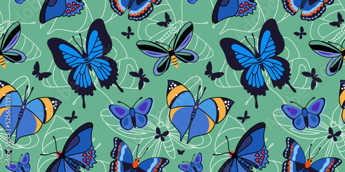 Seamless vector pattern with butterflies on green background. Pattern with insects for wrapping paper, fabric, design