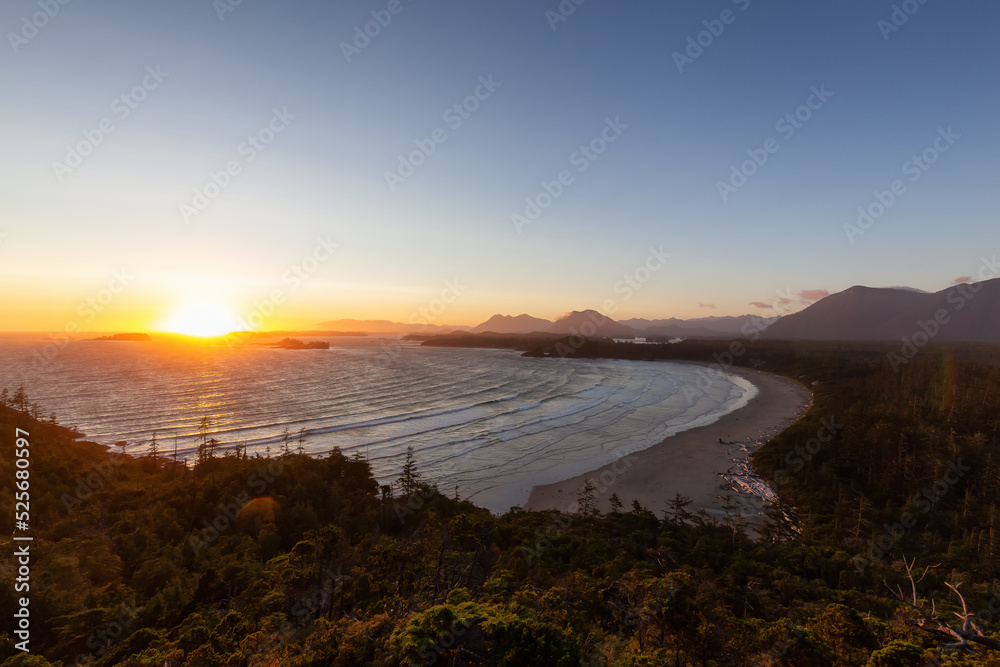 Sandy Beach on the West Coast of Pacific Ocean. Canadian Nature Landscape Background. Cox Bay Lookout, Tofino, Vancouver Island, BC, Canada.