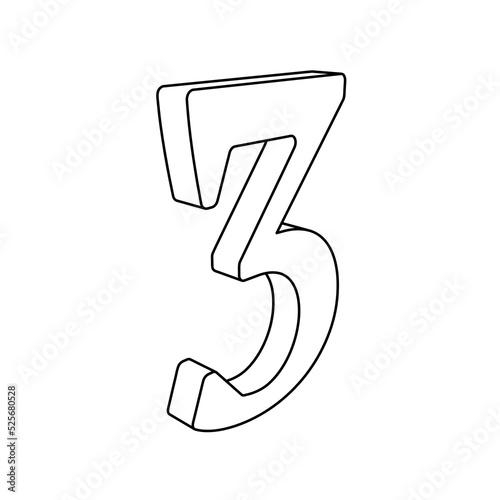 The outline of a large number three symbol is made with black lines. 3D view of the object in perspective. Vector illustration on white background