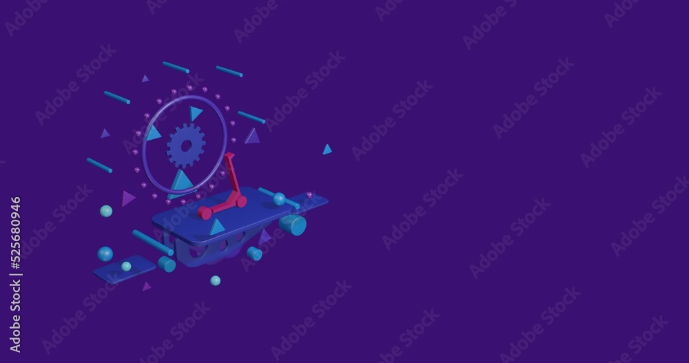 Pink kick scooter symbol on a pedestal of abstract geometric shapes floating in the air. Abstract concept art with flying shapes on the left. 3d illustration on deep purple background