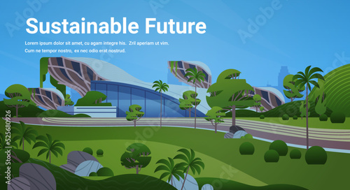 city futuristic unusual shapes buildings and green trees modern architecture urban town sustainable future concept