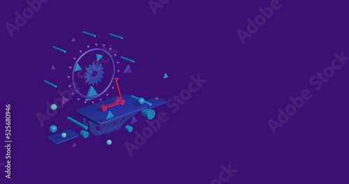 Pink kick scooter symbol on a pedestal of abstract geometric shapes floating in the air. Abstract concept art with flying shapes on the left. 3d illustration on deep purple background © Alexey