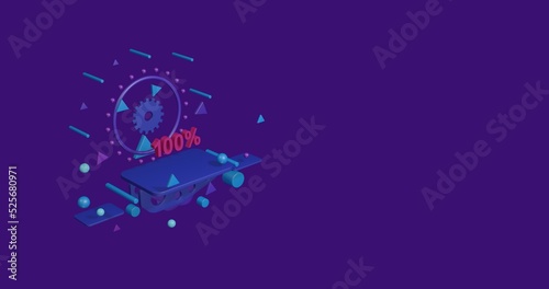 Pink 100 percent symbol on a pedestal of abstract geometric shapes floating in the air. Abstract concept art with flying shapes on the left. 3d illustration on deep purple background