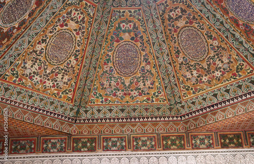 Arabic style wooden coffered ceiling in a palace in Marrakech