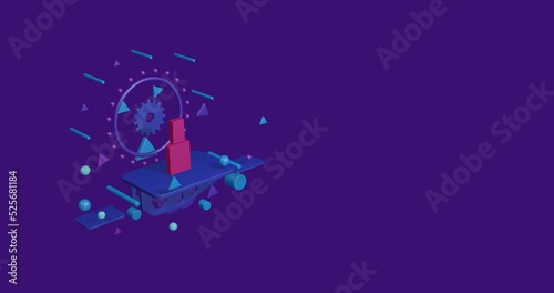 Pink nail polish symbol on a pedestal of abstract geometric shapes floating in the air. Abstract concept art with flying shapes on the left. 3d illustration on deep purple background