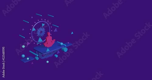 Pink yoga symbol on a pedestal of abstract geometric shapes floating in the air. Abstract concept art with flying shapes on the left. 3d illustration on deep purple background © Alexey