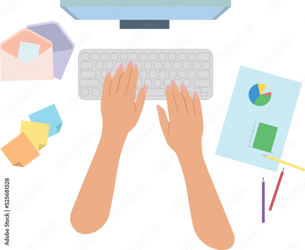 Woman hands on keyboard, workspace with blank, diagram, flat illustration, postal envelopes, pencils, stickery