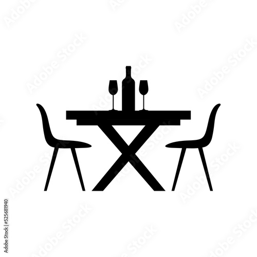 Table and chairs. Bottle of wine and two glasses on the table. Illustration of the cafe furniture isolated on white background. Flat vector for web design