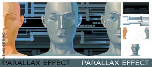 Artificial intelligence head. Face of humanoid metal robot without emotion. Cloning creating clone of people. Fantasy illustration. Image from layers for overlay with parallax effect. Vector.
